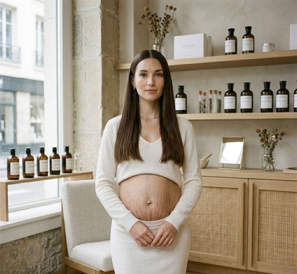 Vientre femenino con marcas y estrías naturales