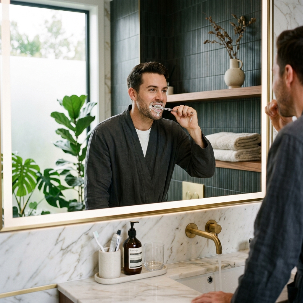 Hombre lavándose los dientes en el baño