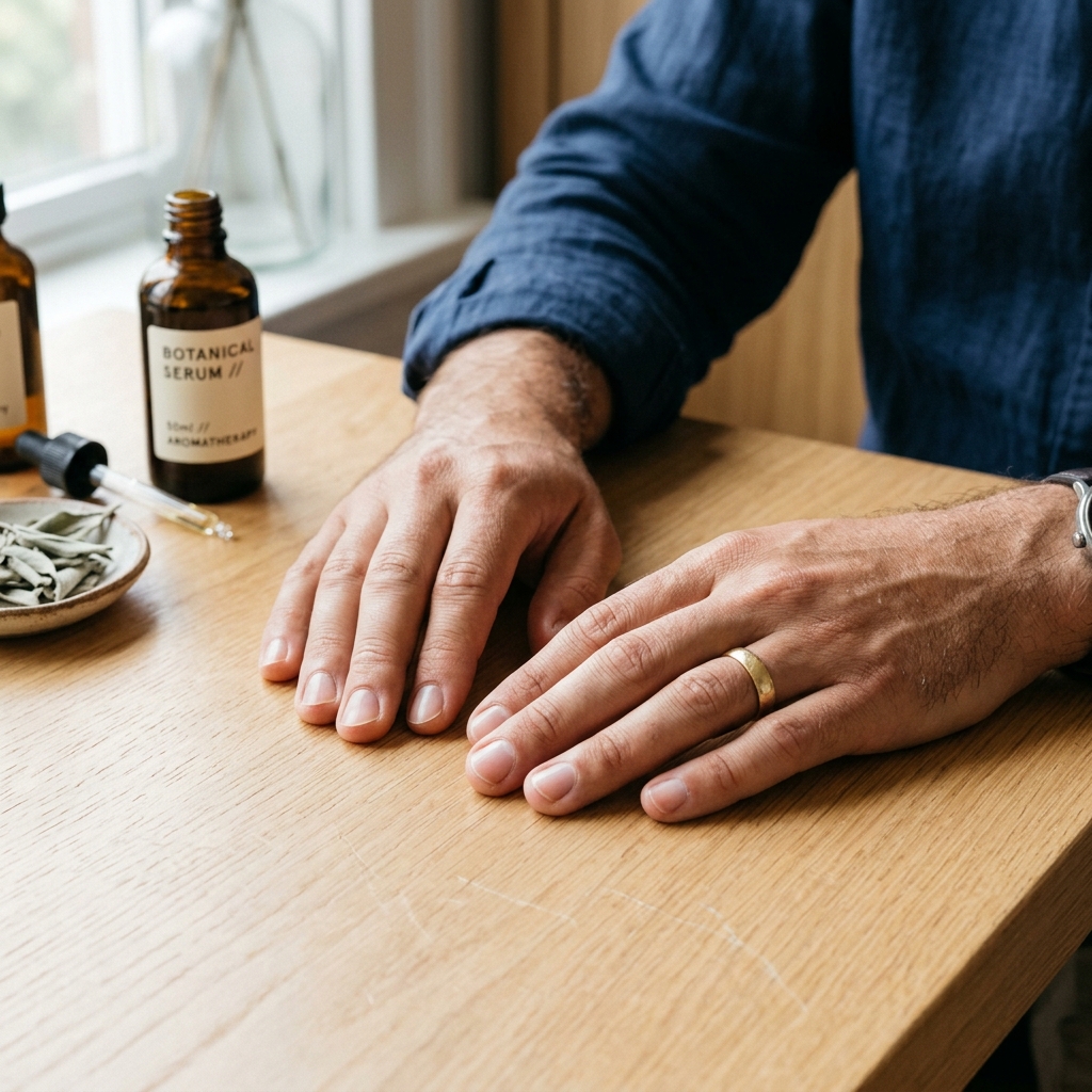 Manos de hombre sobre una mesa